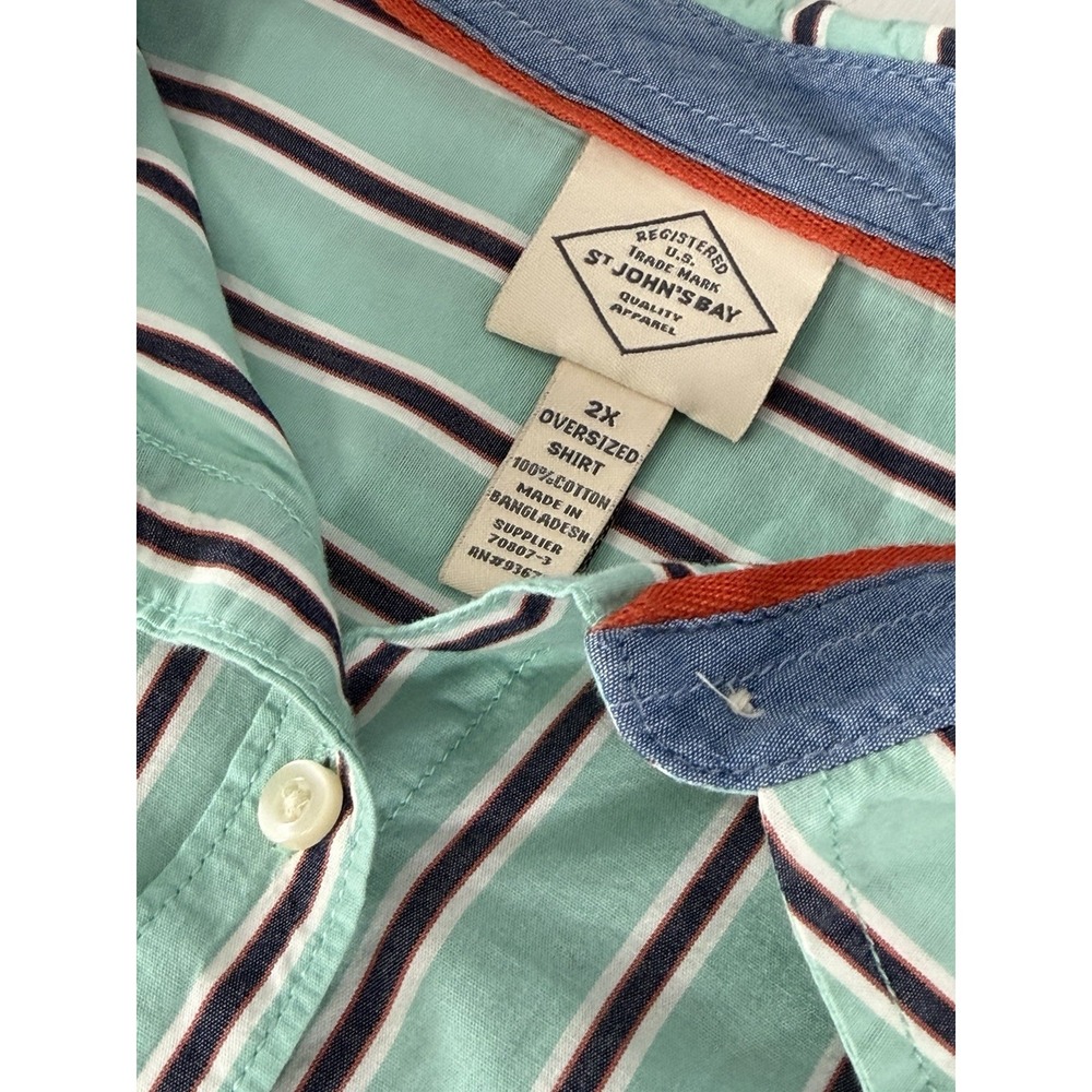 St Johns Bay Mens 2X Teal Blue Stripe Button Front Oversized Shirt Long Sleeve‎